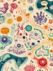 Aufkleber - Playful map showcasing bacteria colonies as vibrant cities with colorful designs and imaginative features across a whimsical landscape. Generative AI