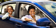 © Prostock-studio - African American Family Posing Sitting In Blue Car In Urban Area. Parents And Daughter Driving New Auto Enjoying Ride Smiling To Camera. Automobile Purchase And Rent Concept. Selective Focus