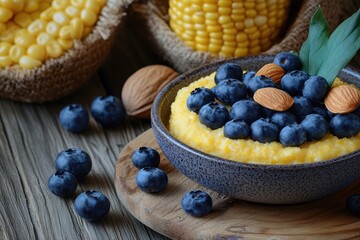 Poster - Corn porridge with blueberries and almonds on a ceramic plate Creamy polenta soup Nutritious vegetarian meal