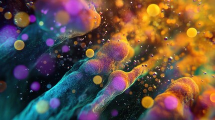 Fototapete - Abstract depiction of antibiotics and bacteria under a microscope showcasing colorful interactions and patterns. Generative AI