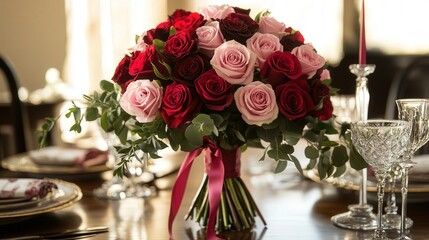 Wall Mural - vibrant red and pink roses, tied with a ribbon, resting on a romantic table setting for a perfect Valentine Day celebration