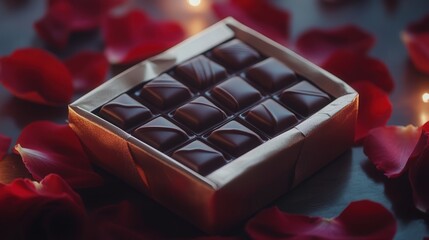 Wall Mural - beautiful box of chocolates wrapped in shiny paper, surrounded by soft lighting and rose petals, symbolizing love for Valentine Day