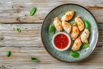 Poster - Dish of tasty jalapeno poppers and sauce on a pale wood surface