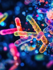Poster - Exploring the vibrant interaction between antibiotics and bacteria under a microscope. Generative AI
