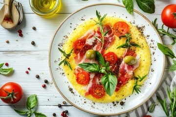 Poster - Grilled polenta topped with stracchino tomatoes herbs speck and olives White wooden surface with ingredients