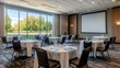 © Sampao - A bright meeting room with large windows and a projector screen ready for use.