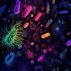 Leinwandbilder - Vibrant array of bacteria and microbes showcasing diversity and complexity in microscopic world. Generative AI