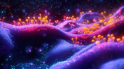 Fototapete - Exploring molecular interactions with microbes in a vibrant microscopic landscape. Generative AI