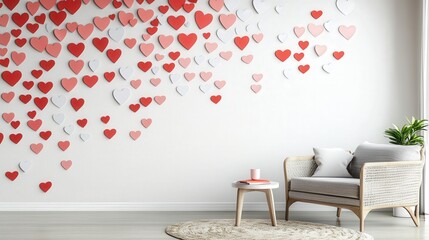 Wall Mural - festive wall design with white and red heart paper stickers creating a gradient effect, transitioning from top to bottom.