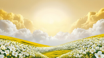 Wall Mural - Elegant floral scene with white blossoms filling the foreground and a soft yellow sky, leaving a blank area at the center top.
