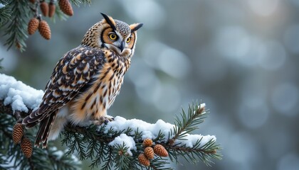 owl with yellow eyes on snowy pine branch in winter forest.wisdom. resilience. the beauty of winter 