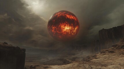Wall Mural - A fiery red and black planet partially obscured by clouds, floating above a barren desert landscape with steep ridges. 