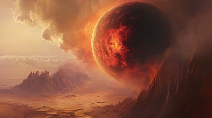 a fiery red and black planet partially obscured by clouds, floating above a barren desert landscape 