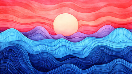 Wall Mural - abstract background. alligoric landscape. sky sea mountains. smooth wavy lines. gradient from red to
