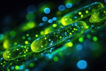 Leinwandbilder - Close up view of molecular interactions among diverse microbes in vibrant colors. Generative AI