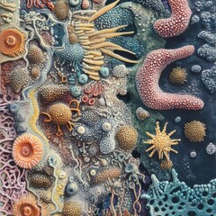 Poster - Dense layer of colorful microbes thriving in a complex underwater ecosystem enriched with various life forms. Generative AI