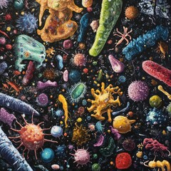Fototapete - Diverse array of bacteria and microbes thriving in microscopic environment with vibrant colors and forms. Generative AI