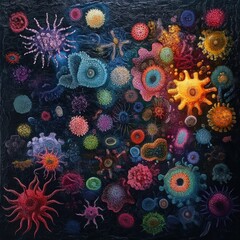 Leinwandbilder - Diverse array of colorful bacteria and microbes thriving in a rich environment filled with intricate structures. Generative AI