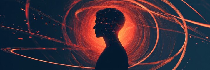Fototapete - Person engaged in contemplation surrounded by swirling abstract lines and shapes in a vibrant environment. Generative AI