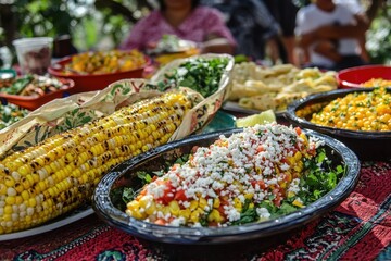 Poster - Mexican elote topped with cotija lime and chili served with sides