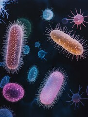 Fototapete - Evolving bacteria showcasing various shapes and colors in a microscopic environment. Generative AI