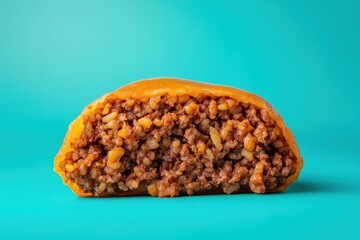 Poster - Minced meat and bulgur kibbeh with pine nuts set against a blue background