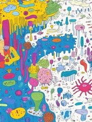 Aufkleber - Exploring a vibrant map filled with playful bacteria colonies as colorful cities. Generative AI