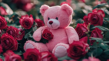 pink teddy bear sitting with a rose held between its paws, surrounded by a lush bouquet of roses.