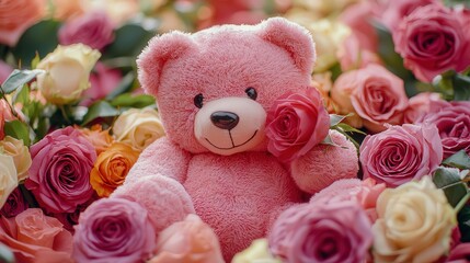 pink teddy bear surrounded by a bouquet of roses, with one of the flowers placed in its paw.