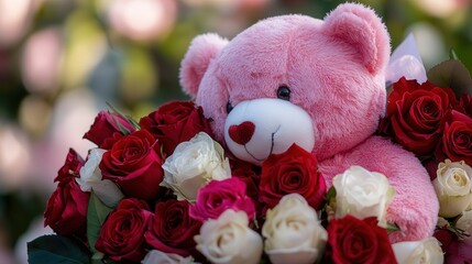 Wall Mural - pink teddy bear with soft fur gently hugging a bouquet of red and white roses, radiating warmth and tenderness.