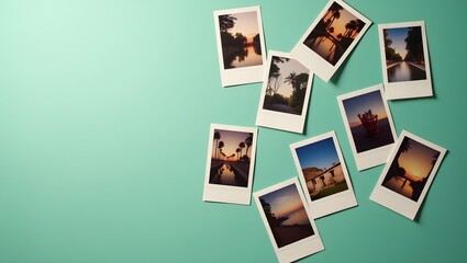 Scattered Polaroid photos of scenic sunset landscapes evoke nostalgia, travel memories, and artistic expression - suitable for social media, personal blogs or travel themes.