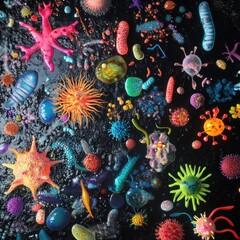Leinwandbilder - Vibrant array of bacteria and microbes showcasing diverse life forms in microscopic detail under black background. Generative AI