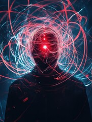 Aufkleber - Person surrounded by swirling lines and abstract shapes creating a surreal visualization of thought and emotion. Generative AI
