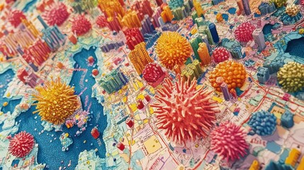 Aufkleber - Playful representation of bacteria colonies depicted as vibrant cities on a colorful map full of fun details. Generative AI