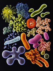 Leinwandbilder - Sequence of evolving bacteria showcasing diverse shapes and colors under microscopic examination in a laboratory setting. Generative AI