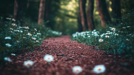 Poster - Low angle of a forest path lined with wildflowers, emphasizing natural preservation.