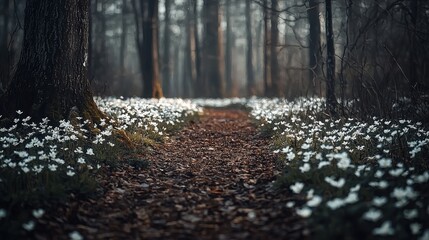 Poster - Low angle of a forest path lined with wildflowers, emphasizing natural preservation.