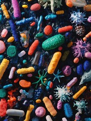 Fototapete - Diverse array of colorful bacteria and microbes observed under microscopic conditions in a laboratory setting. Generative AI