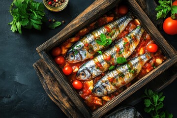 Poster - Sardines in tomato sauce with peppermint served on a wooden tray with cooking ingredients