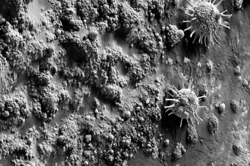 Fototapete - Exploring the structure and diversity of a dense layer of microbes viewed under high magnification in a laboratory. Generative AI