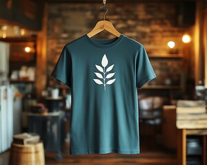 Teal t-shirt with leaf design on hanger.