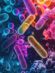 Aufkleber - Microscopic view reveals vibrant colors of antibiotics interacting with bacteria in a dynamic environment. Generative AI