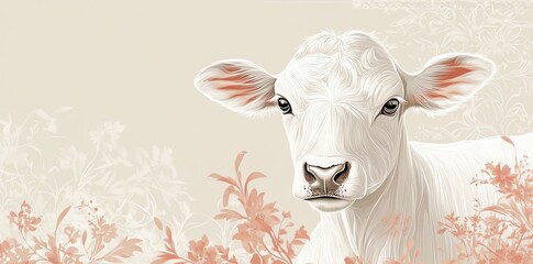 Wall Mural - Serene Calf Portrait: Soft Floral Background, Delicate Artwork