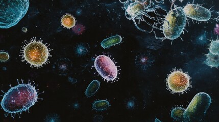 Leinwandbilder - Diverse array of colorful bacteria and microbes thriving under a dark backdrop highlighting their unique structures. Generative AI