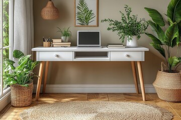 Wall Mural -  Scandinavian-style white desk with two drawers, open book section, and wooden legs, accompanied by a laptop and basket in an office or home study room.