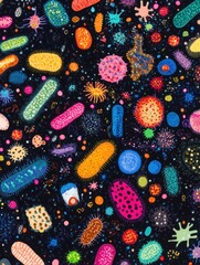 Leinwandbilder - Diverse array of colorful bacteria and microbes on a dark background showcasing their unique shapes and sizes. Generative AI