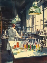 Aufkleber - Laboratory environment with colorful test tubes and microscopes in use during daylight hours. Generative AI