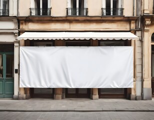 Wall Mural - Large blank white banner hanging from the facade of a building covering the storefront