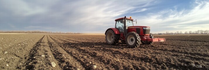 Aufkleber - Red tractor working in a plowed field under a cloudy sky during late afternoon. Generative AI