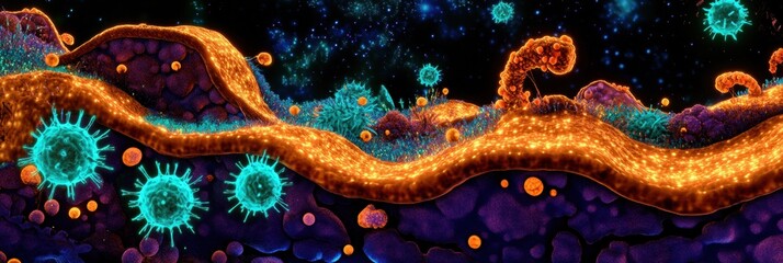 Fototapete - Exploring molecular interactions and dynamics of microbes in a vibrant microbial ecosystem. Generative AI